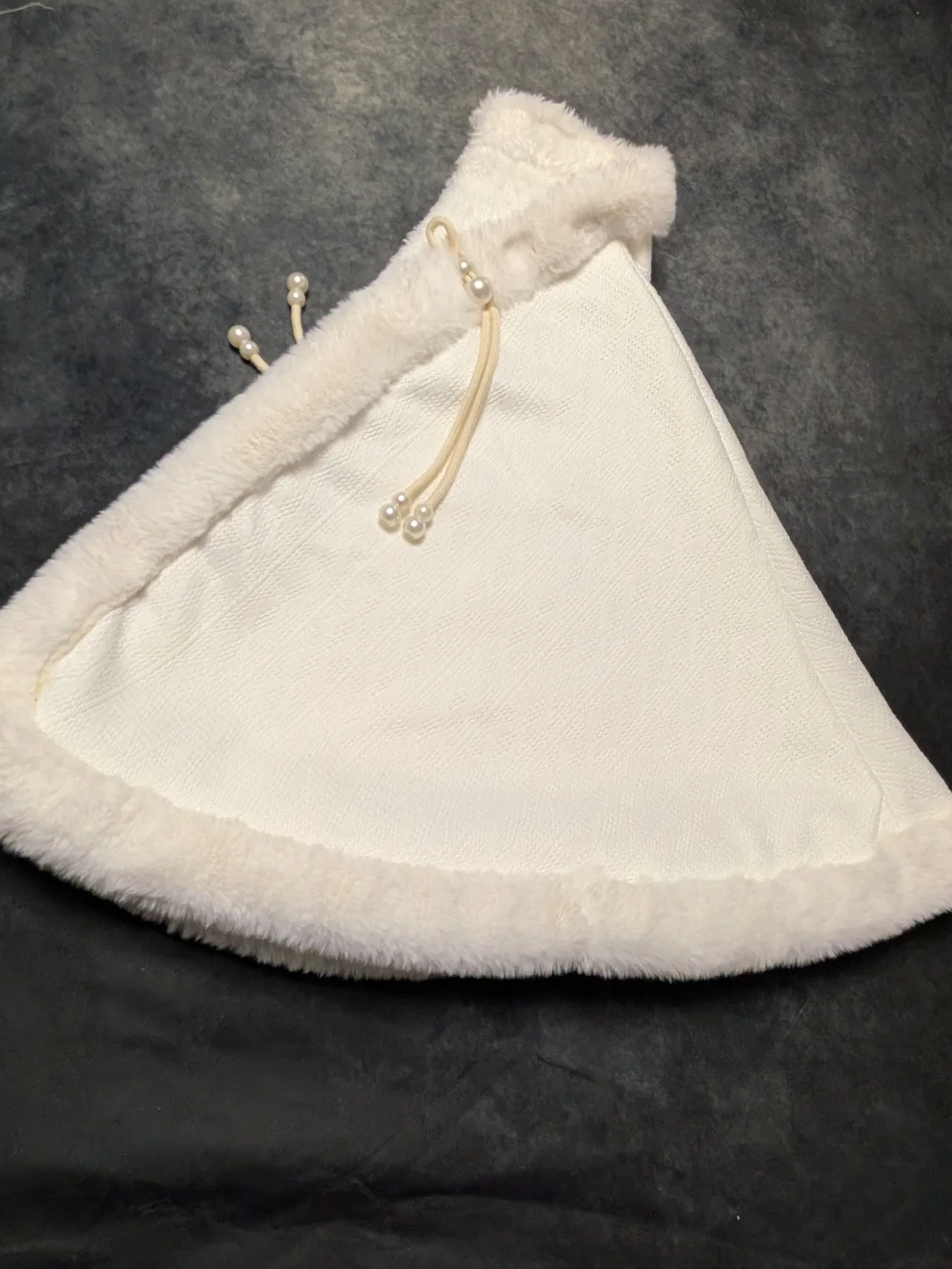 White Formal Faux Fur Trim Hooded Cape with Pearl Ties